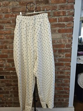 Designer 100% Cotton Cream Wide-Leg Polka Dot Pants with Elastic Waist